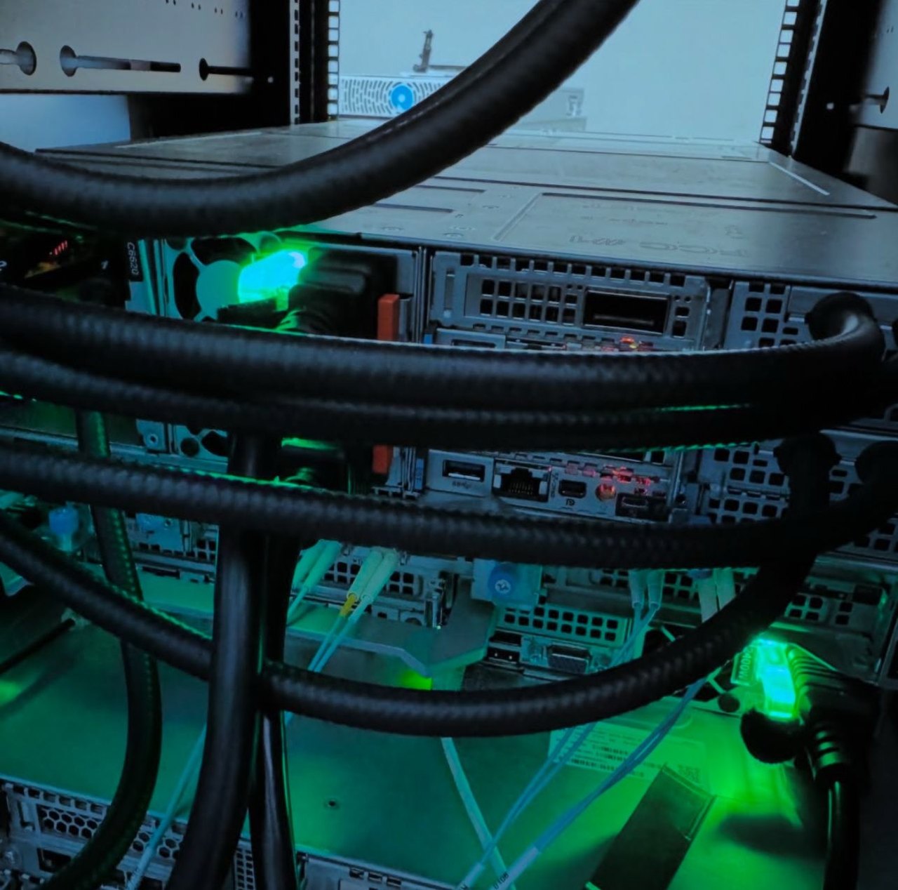 Direct-to-chip cooling installed in a live rack: braided coolant lines routed to the servers, with status lighting on the nodes
