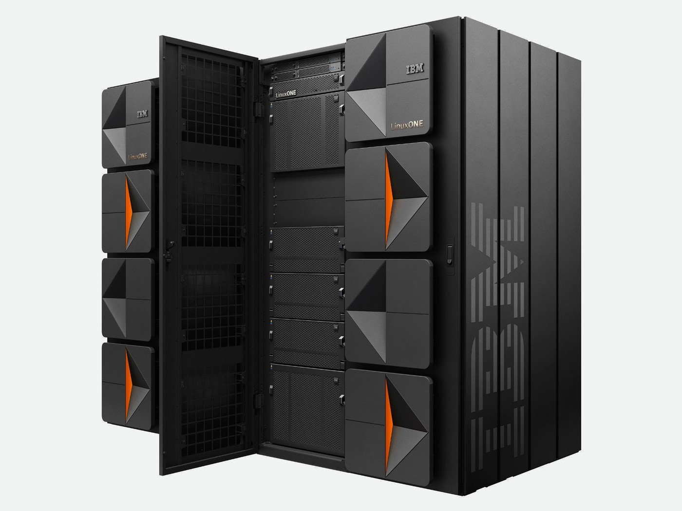 IBM Z mainframe with its front doors open, showing the processor drawers inside