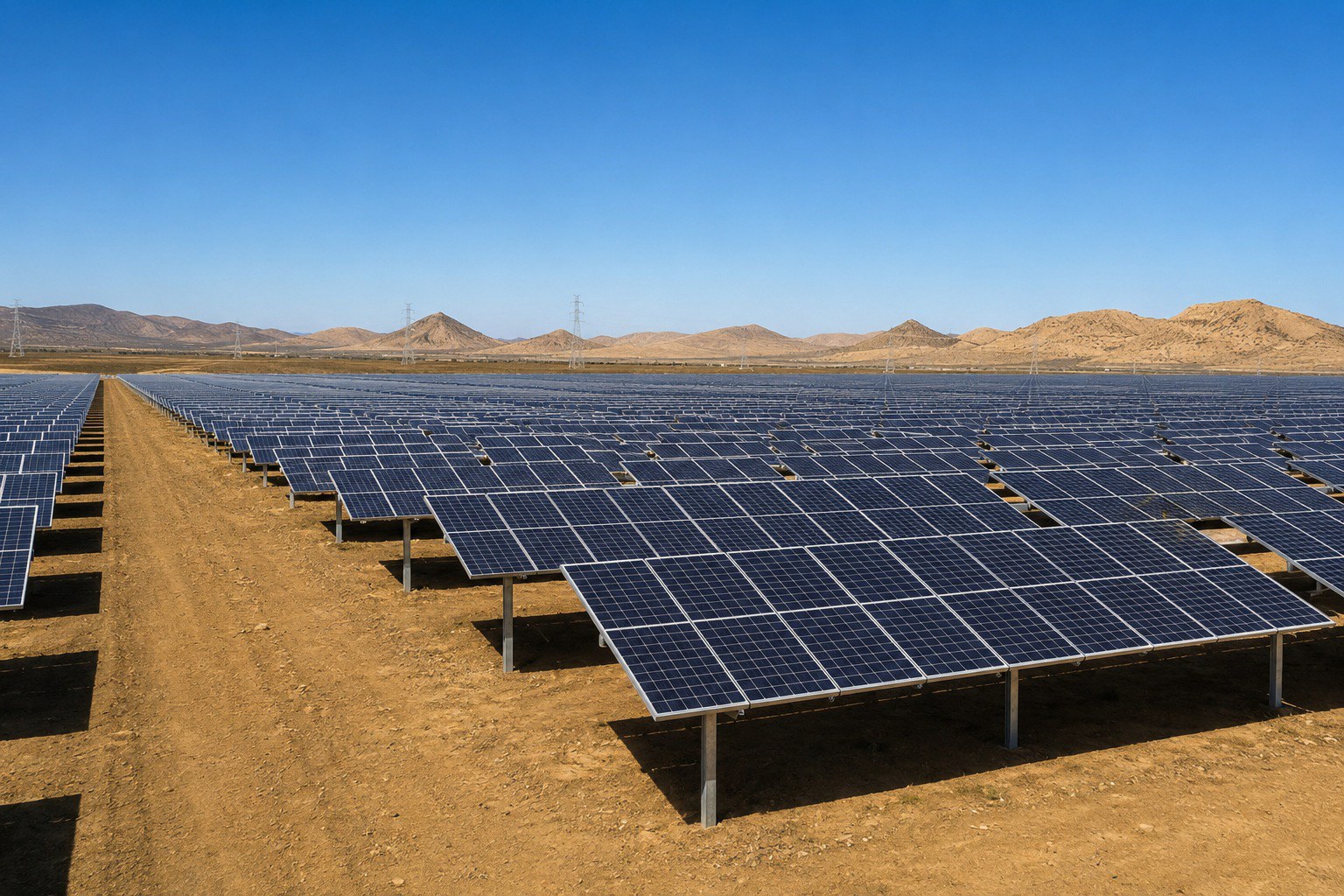 The HyperNext captive solar plant at Khavda in Kutch, Gujarat: rows of photovoltaic panels running to the horizon under a clear sky