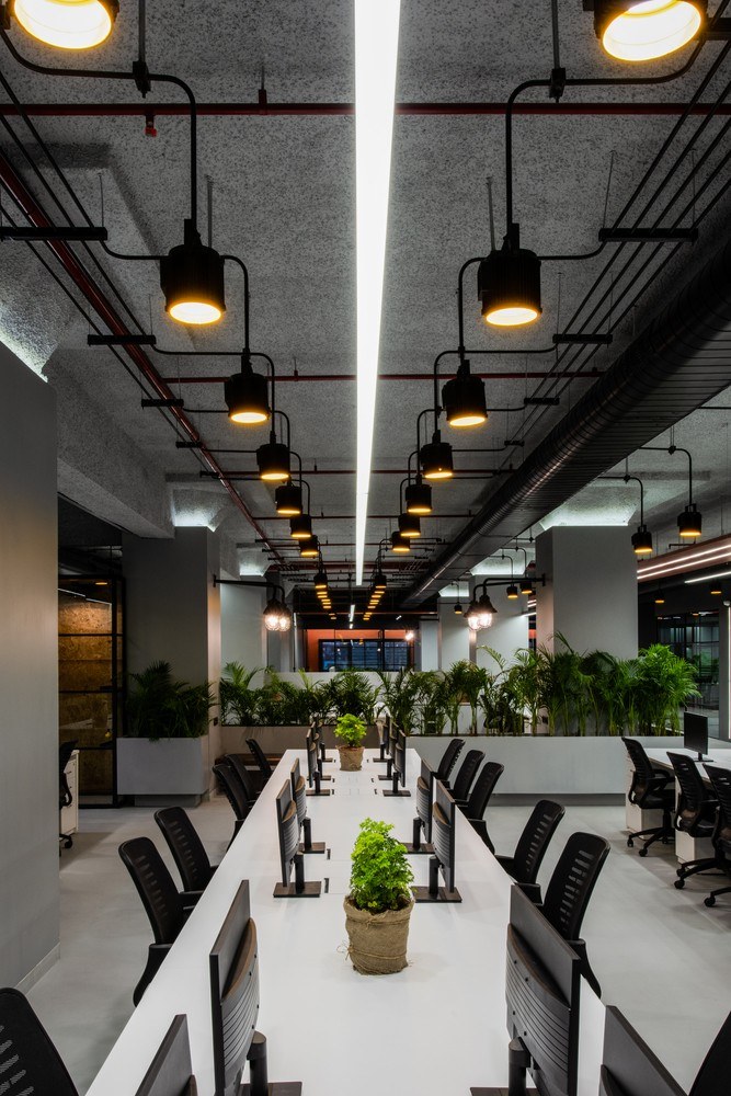 A shared aisle in the HyperNext office, desks running the length of the floor with no corner offices